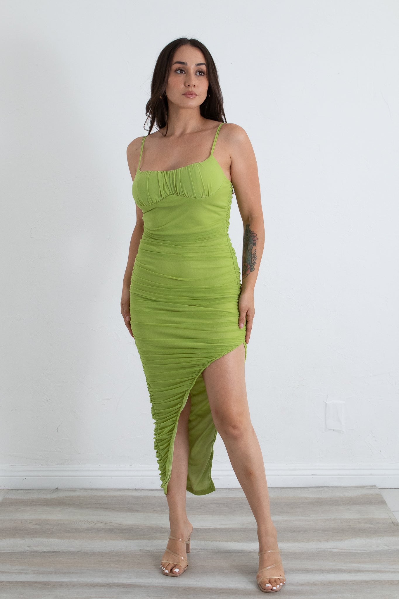 Milani - Green Ruched Mesh Midi Dress