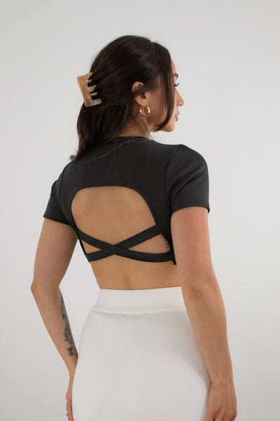 Rose - Black Short Sleeve Open Back Bodysuit